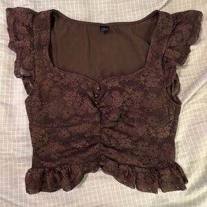 SHEIN Brown Lace Ruffle Blouse